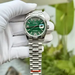 Rolex Day-Date 904L Steel Green Roman Dial CZ Diamonds 40mm Super Clone