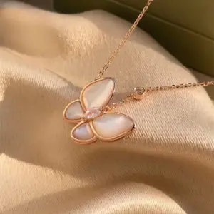 White mother-of-pearl butterfly diamond necklace