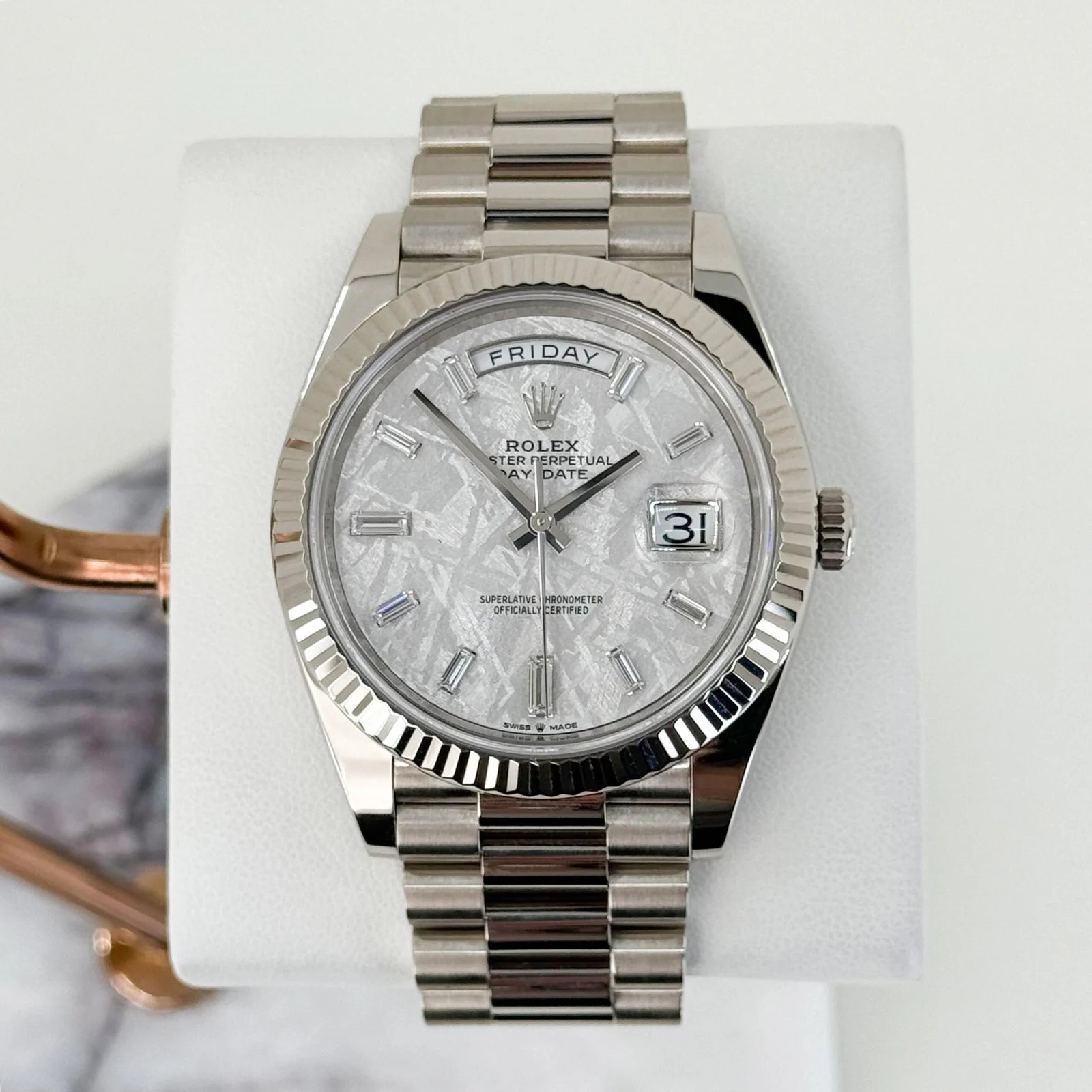 Rolex White Gold Day-Date 40 Watch – Fluted Bezel – Meteorite Baguette Diamond Dial – President Bracelet – 228239 mtdp