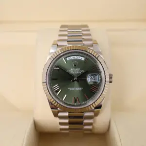 Rolex White Gold Day-Date 40 Watch – Fluted Bezel – Olive Green Bevelled Roman Dial – President Bracelet – 228239 ogrp