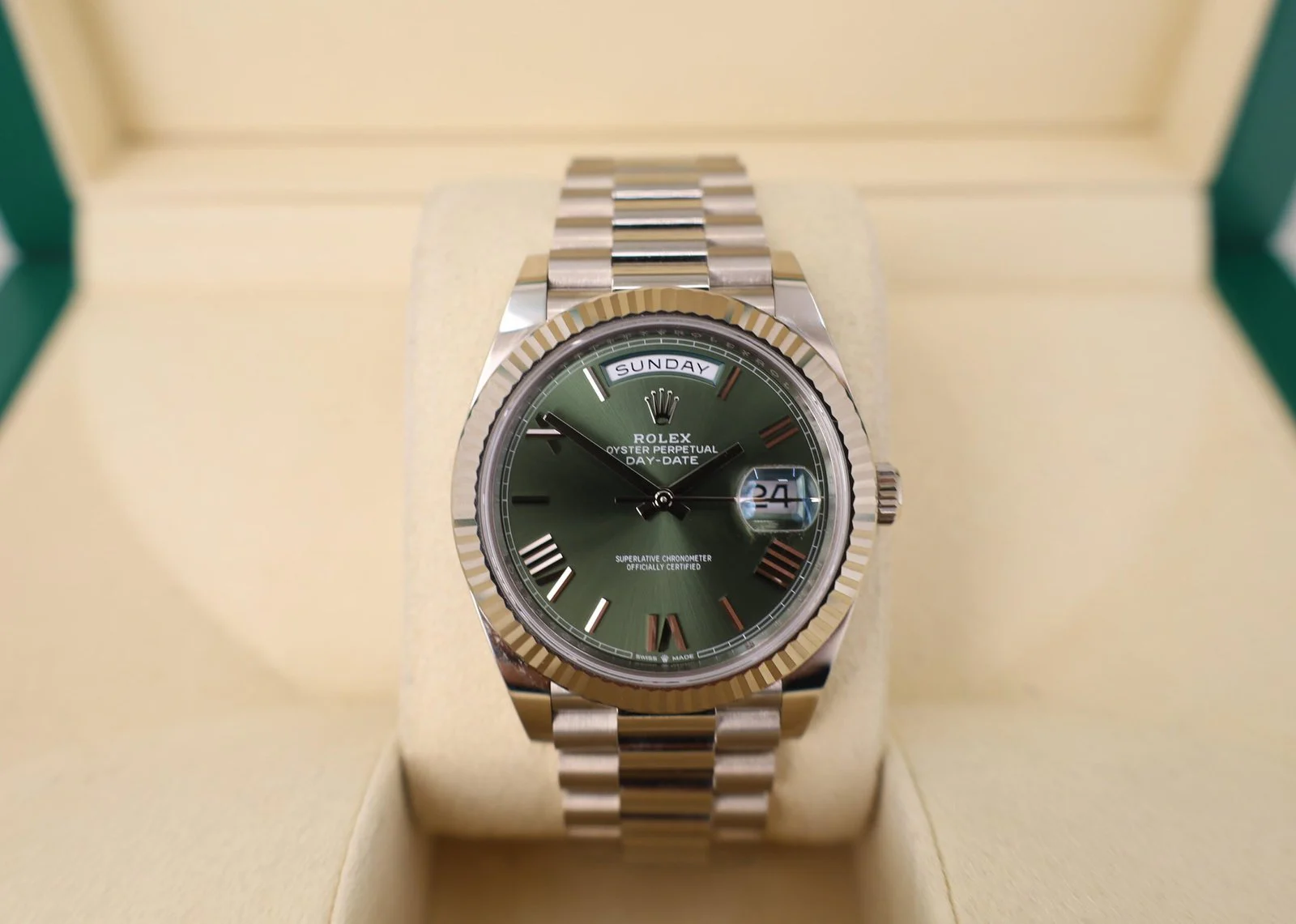 Rolex White Gold Day-Date 40 Watch – Fluted Bezel – Olive Green Bevelled Roman Dial – President Bracelet – 228239 ogrp
