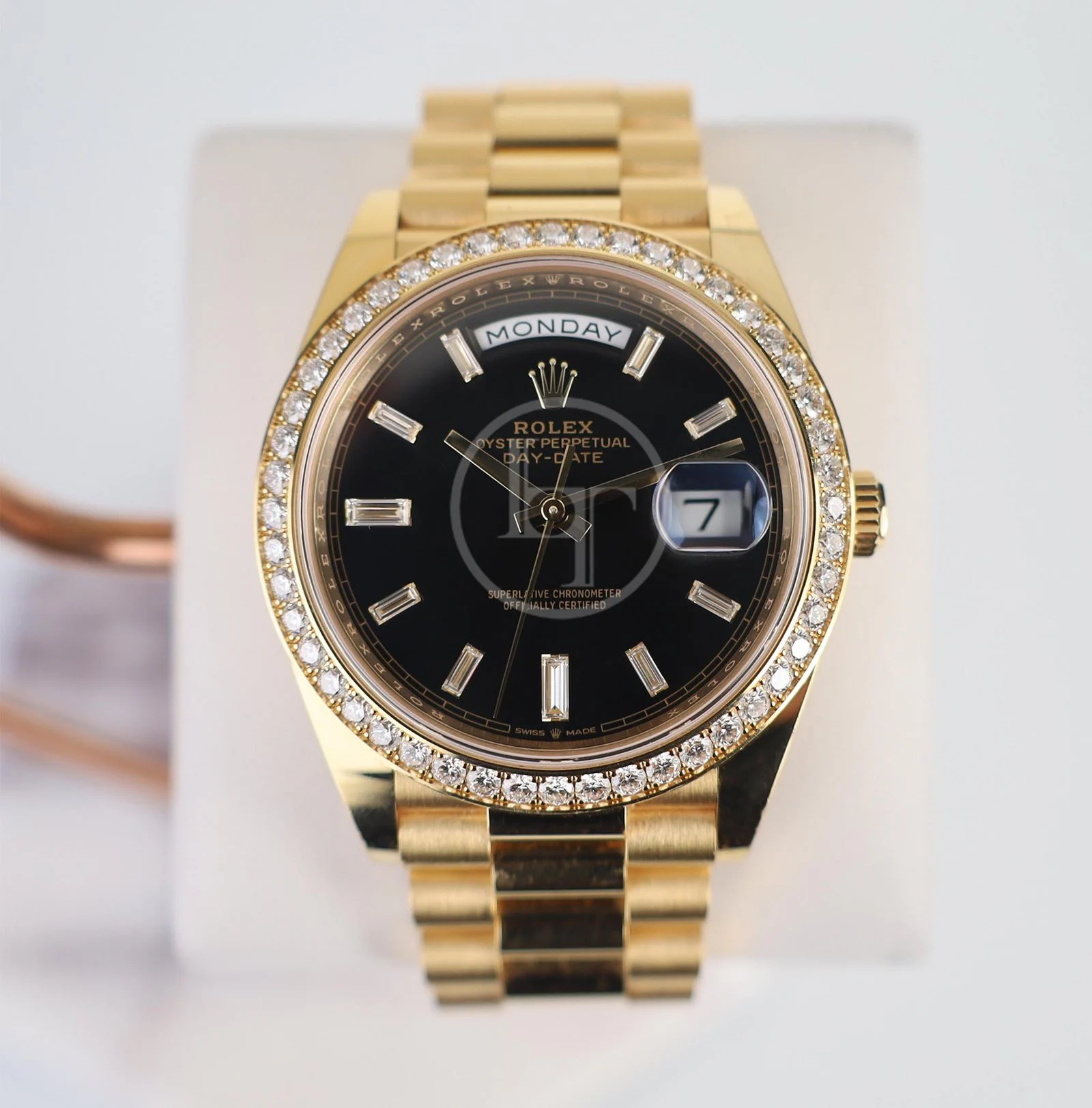 Rolex Day-Date 40 Yellow Gold Black Diamond Dial & Diamond Bezel President Bracelet 228348RBR –