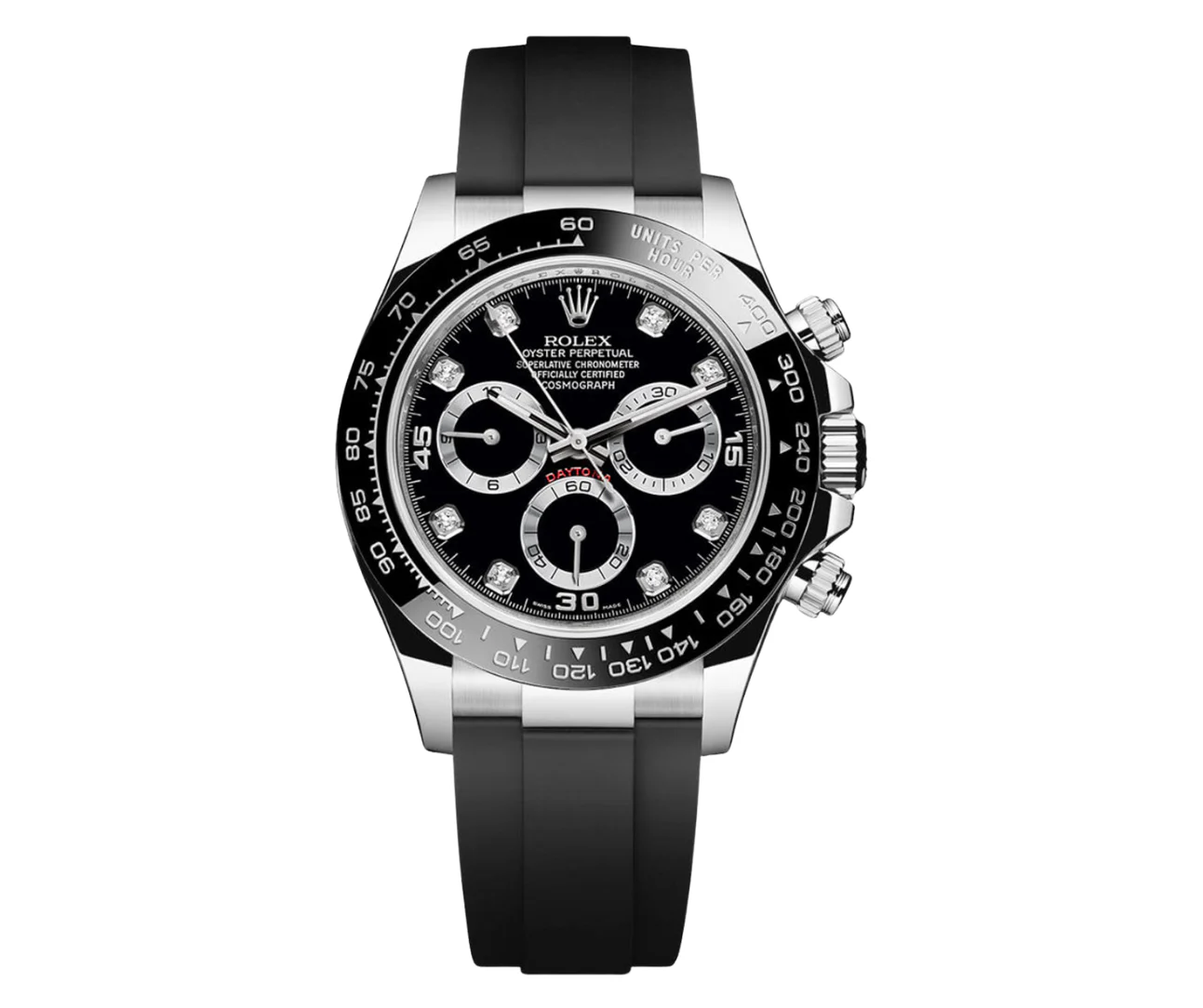 Rolex Cosmograph Daytona – Pre-Owned 18k White Gold with Black Diamond Dial and Oysterflex Bracelet Ref. 116519LN
