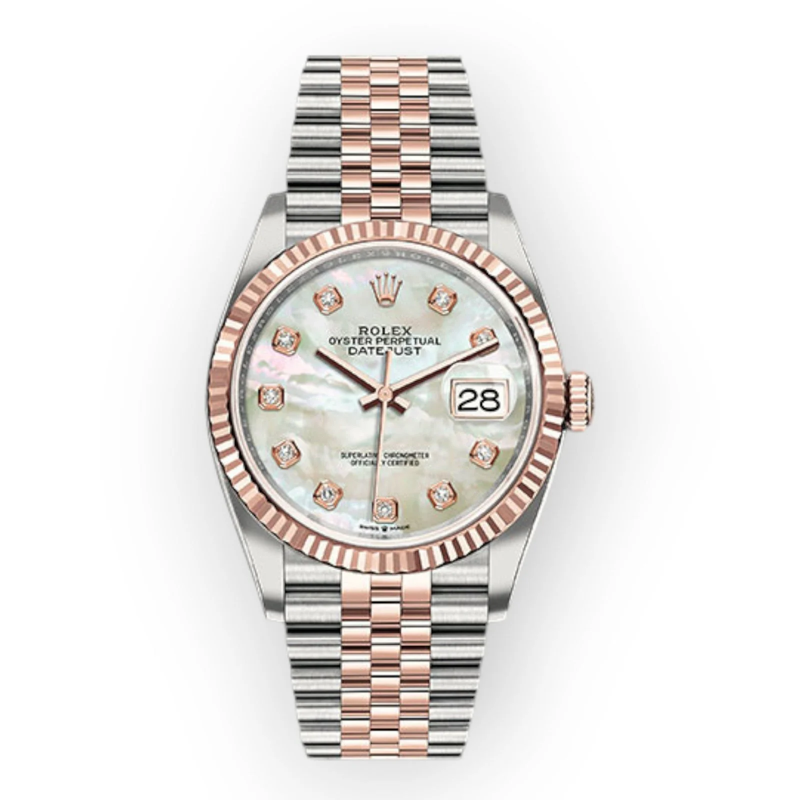 Rolex Steel and Everose Rolesor Datejust 36 Watch 126231 White Mother-Of-Pearl Diamond Dial – Jubilee Bracelet