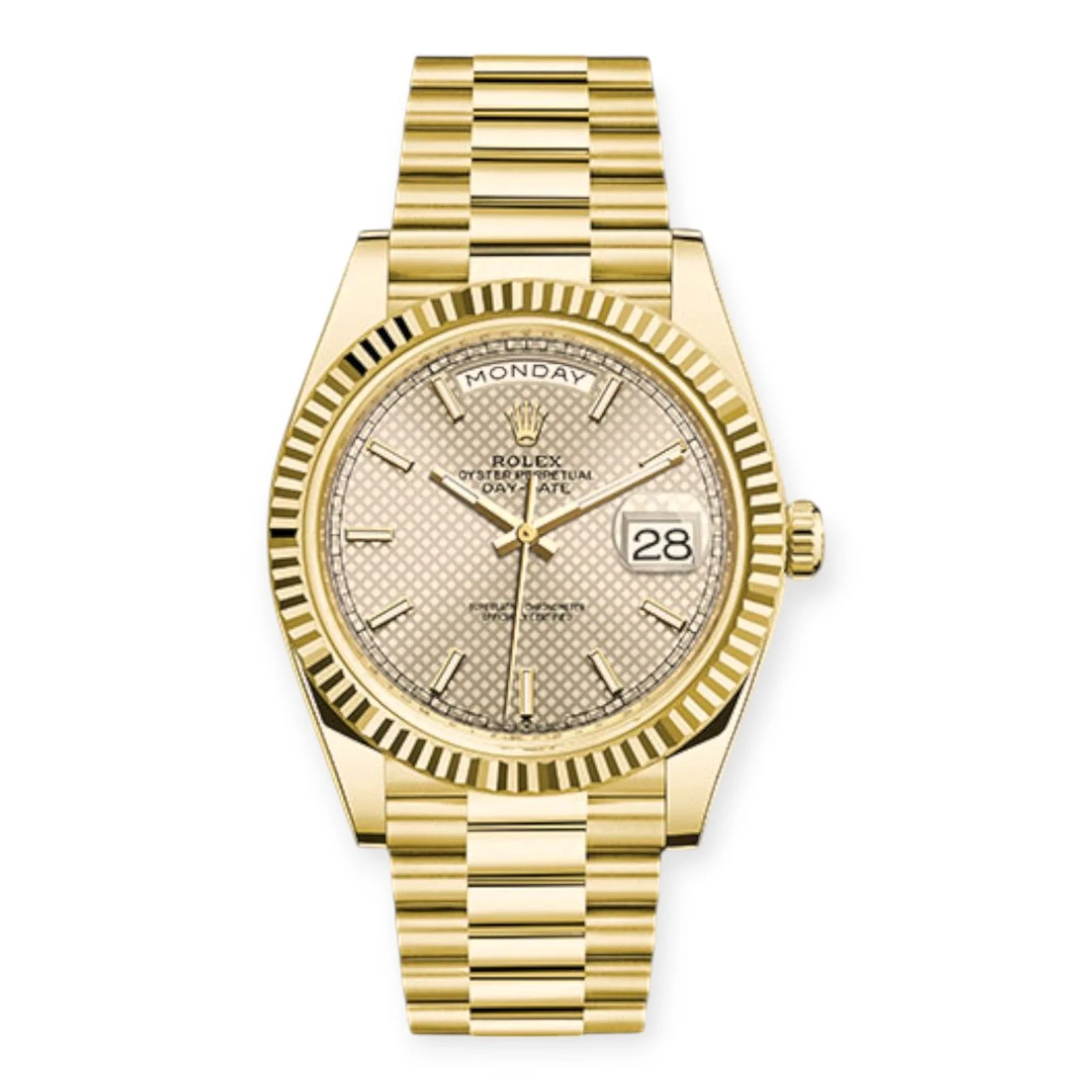 Rolex Yellow Gold Day-Date 40 Watch Silver Diagonal Motif Index Dial – President Bracelet 228238