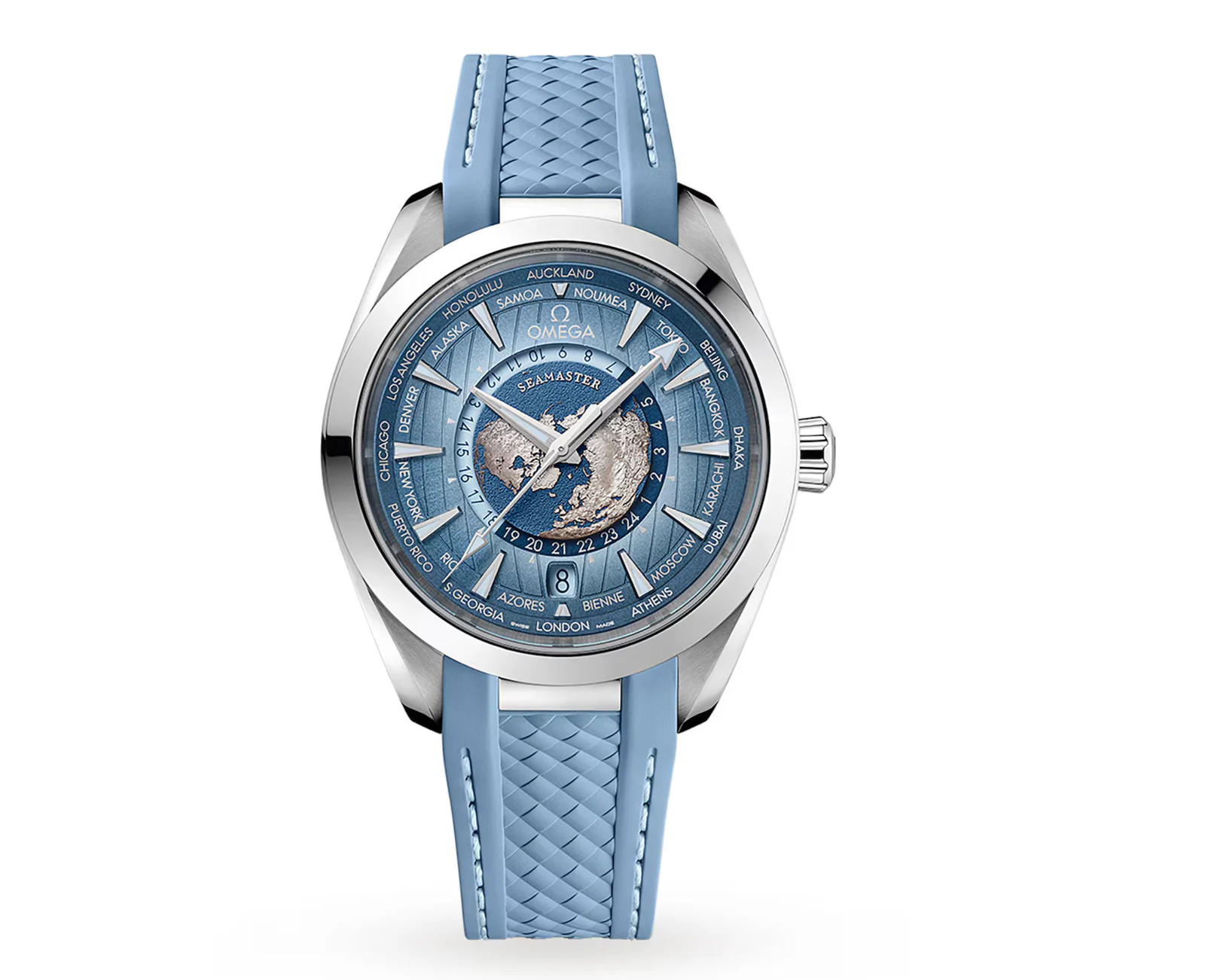 Omega Seamaster Aqua Terra 150M Co‑Axial Master Chronometer GMT Worldtimer 43mm – Summer Blue