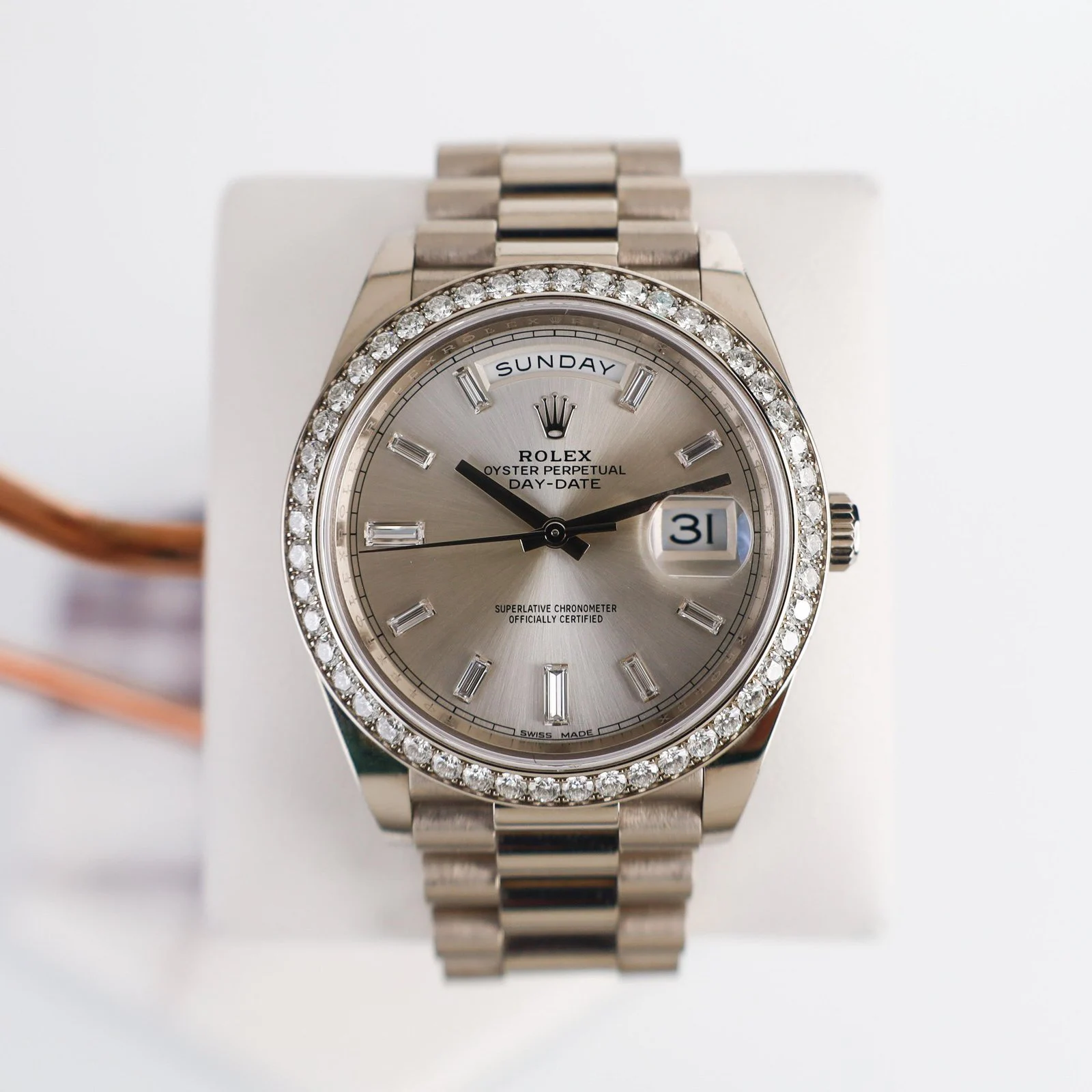 Rolex White Gold Day-Date 40 Watch – White Gold Bezel – Silver Baguette Diamond Dial – President Bracelet – 228349RBR sbdp