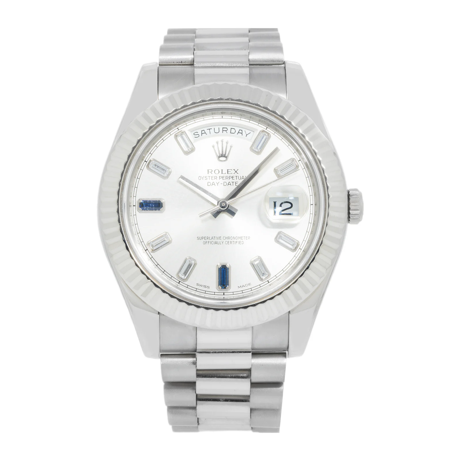 Rolex Day-Date II – White Gold Silver Dial with Blue Sapphire & Baguette Markers Ref. 218239