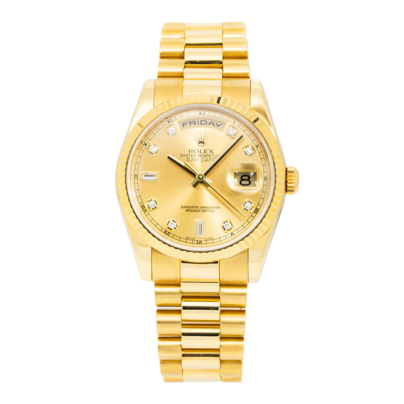 Rolex 18K Yellow Gold Day Date with Champagne Diamond Dial and President Bracelet