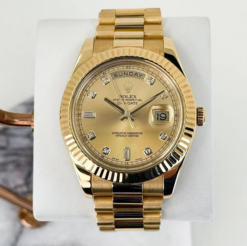 Rolex Day-Date 41 Yellow Gold Champagne Diamond Dial & Fluted Bezel President Bracelet – 218238