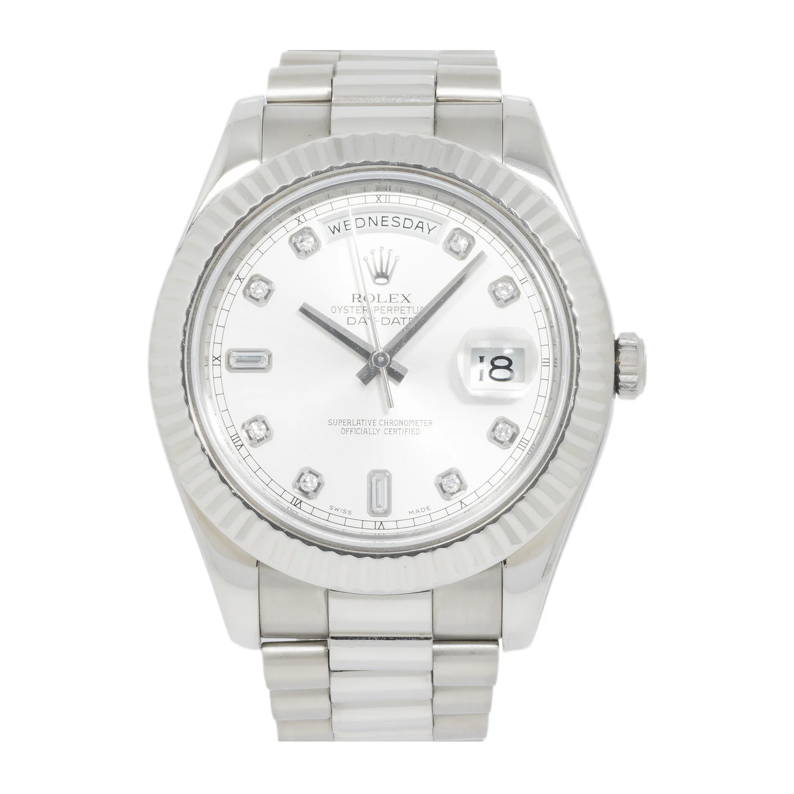 Rolex 18K White 41mm Gold Day-Date II with Silver Baguette and Diamond Dial, President Braclet