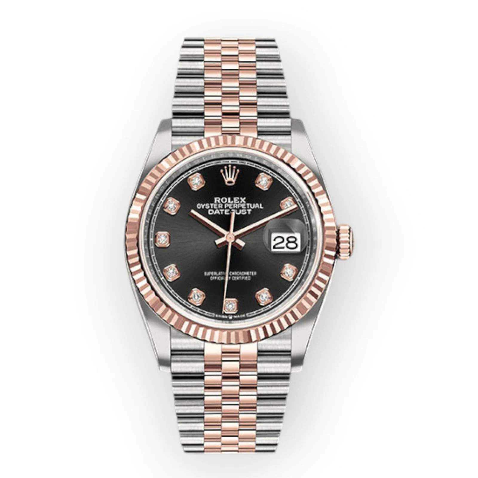 Rolex Steel and Everose Rolesor Datejust 36 Watch Black Diamond Dial – Jubilee Bracelet