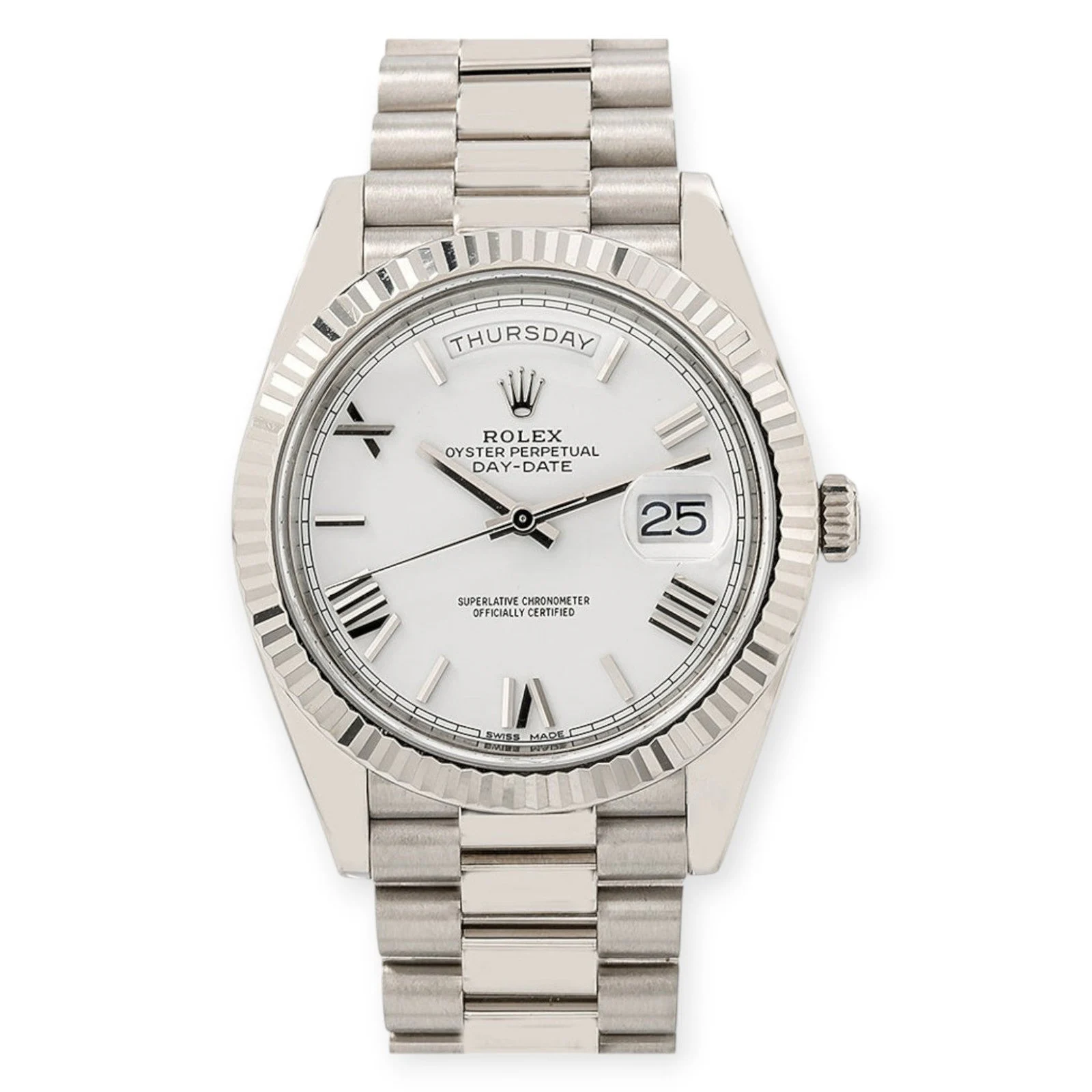 Rolex White Gold Day-Date 40 Watch White Roman Dial – President Bracelet 228239