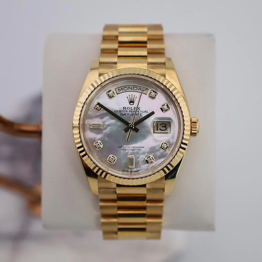 Rolex Yellow Gold Day-Date 36 Watch – Fluted Bezel – Mother-of-Pearl Diamond Dial – President Bracelet – 128238 mdp