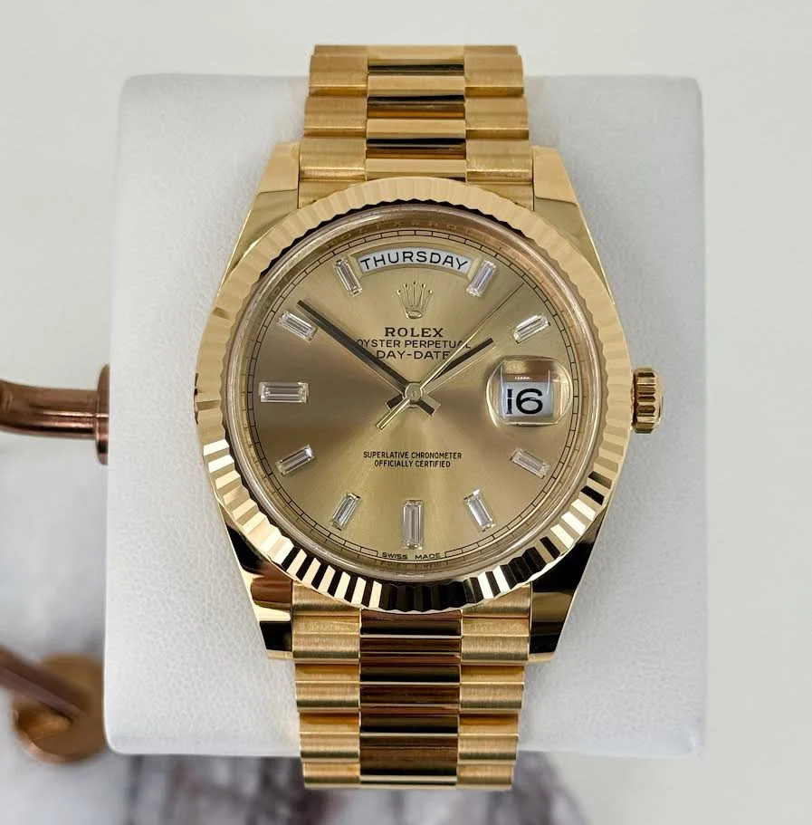 Rolex Day-Date 40 Yellow Gold Champagne Diamond Dial & Fluted Bezel President Bracelet 228238 –