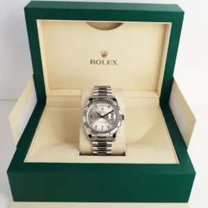 Rolex Day-Date 41mm White Gold Silver Diamond Dial & Fluted Bezel Oyster Bracelet 218239