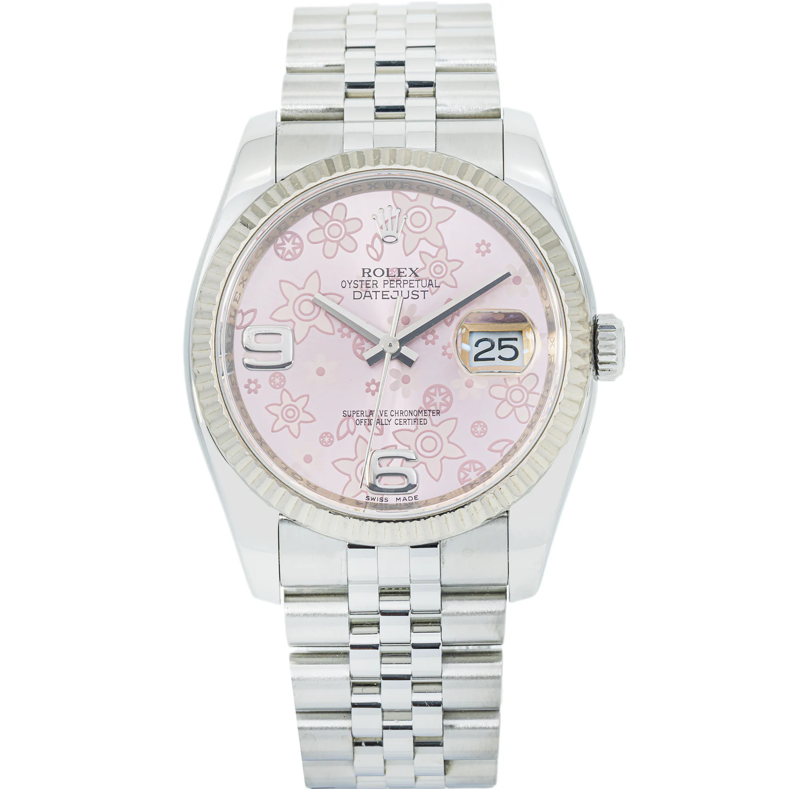 Rolex Datejust 36 116234 – Pink Floral Motif Arabic Dial, White Gold Fluted Bezel