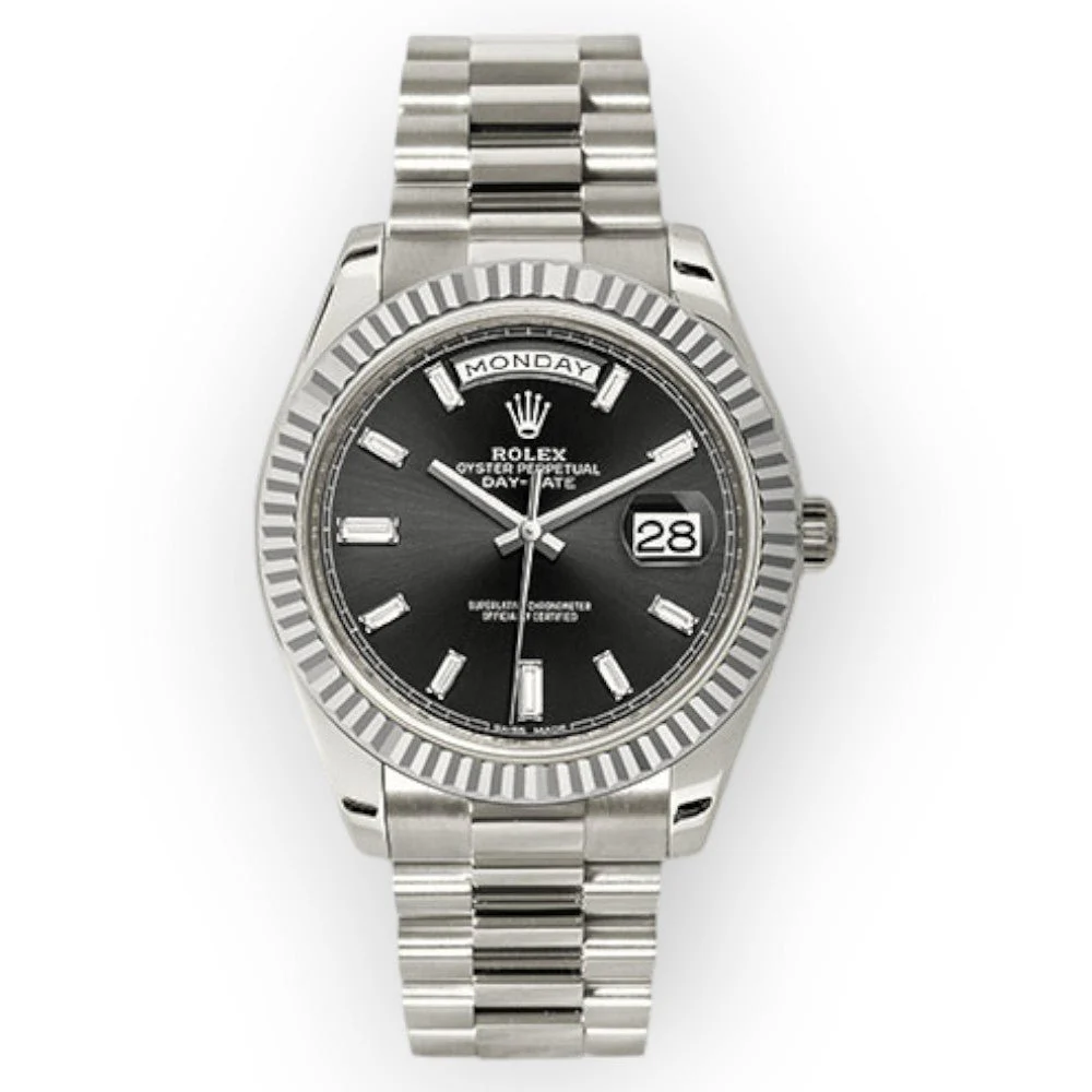 Rolex White Gold Day-Date 40 Watch Black Baguette Diamond Dial – President Bracelet