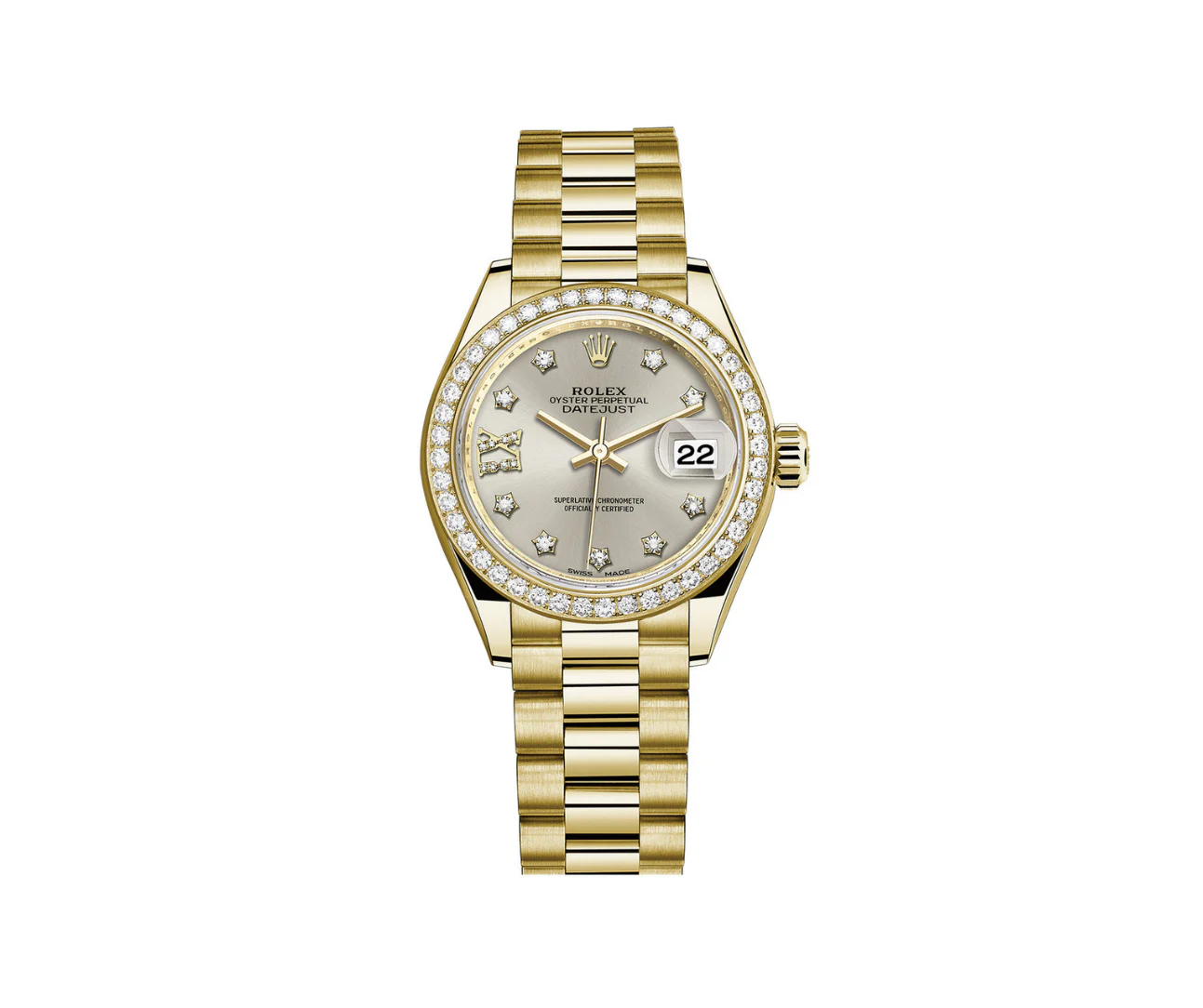 Rolex Lady-Datejust 28 – Yellow Gold with Diamond Bezel & Silver Dial Ref. 279138RBR