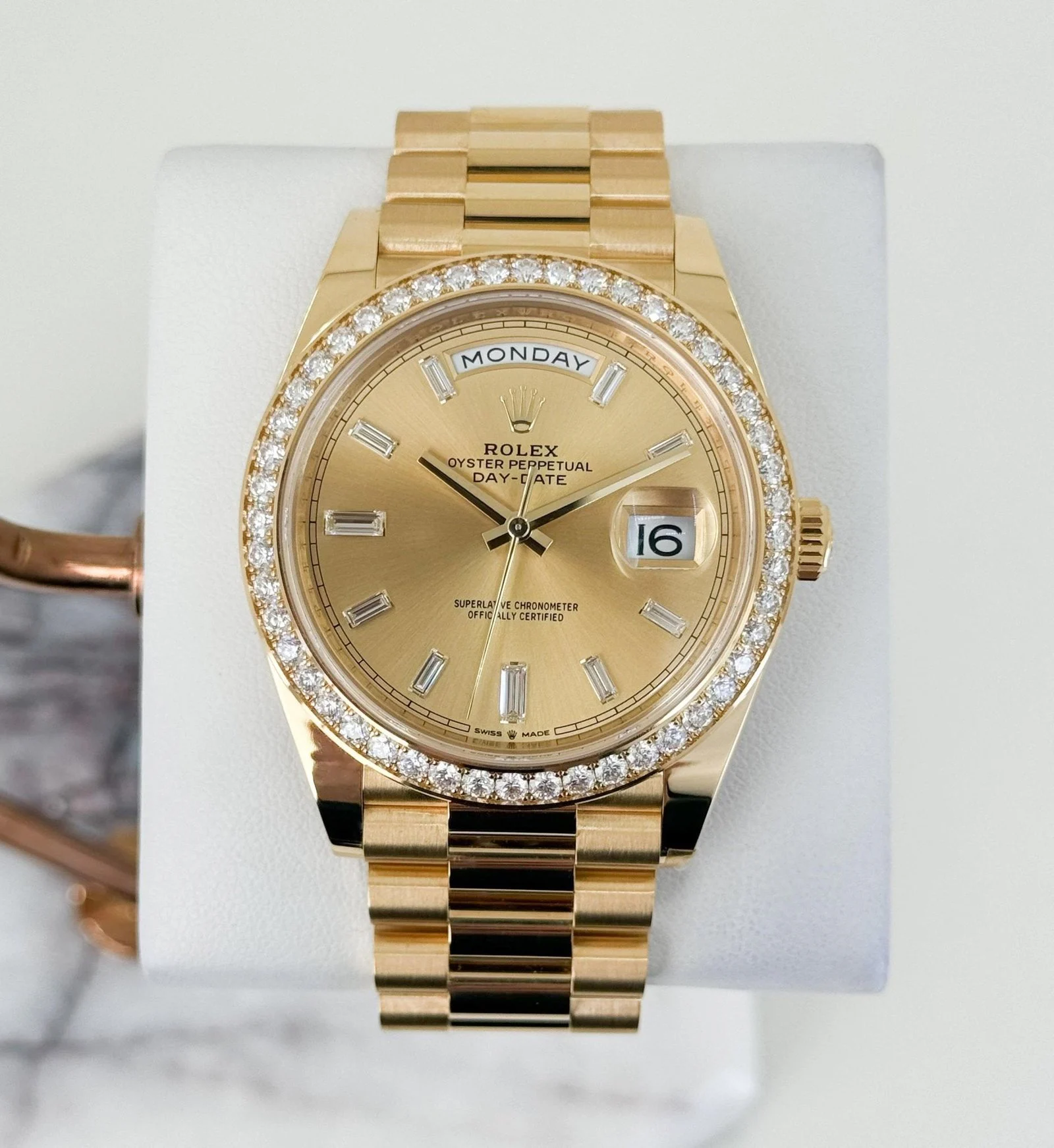 Rolex Day-Date 40 Yellow Gold Champagne Diamond Dial & Diamond Bezel President Bracelet 228348RBR –