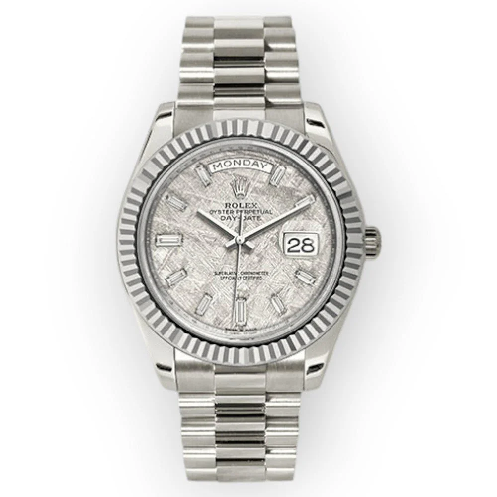 Rolex White Gold Day-Date 40 Watch Meteorite Baguette Diamond Dial – President Bracelet
