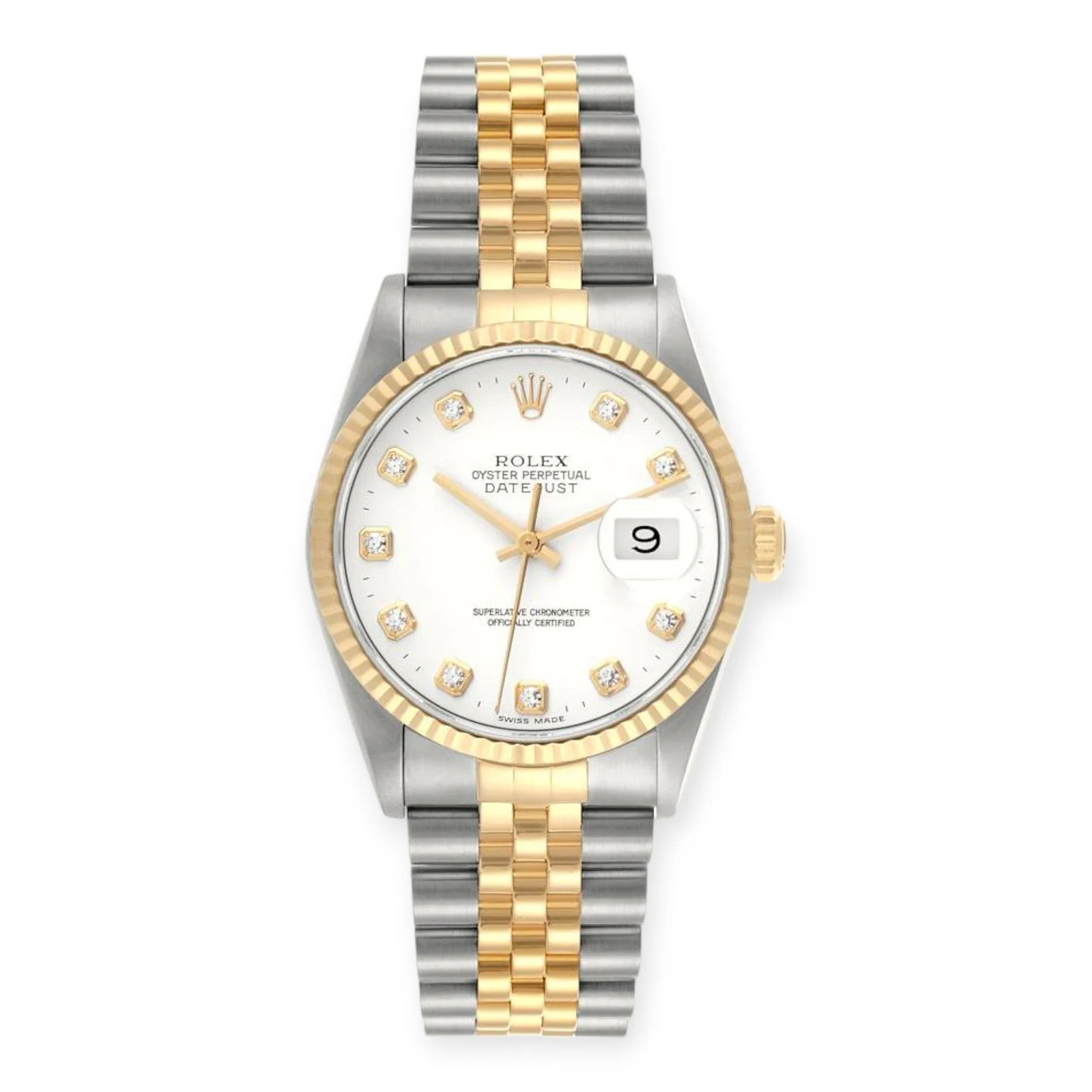 Rolex Datejust 36mm 16233  Steel Yellow Gold White Diamond Dial Mens Watch