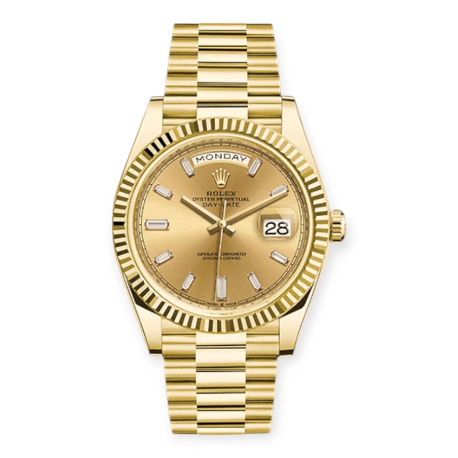 Rolex Yellow Gold Day-Date 40 Watch Champagne Baguette Diamond Dial – President Bracelet