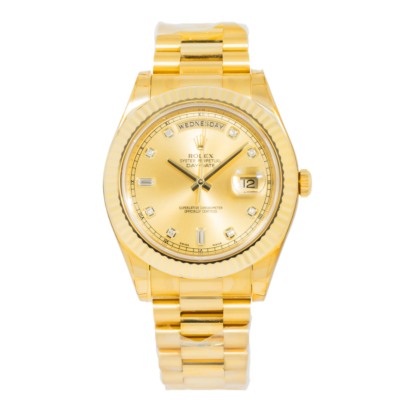 Rolex 18K Yellow Gold Day Date II with Champagne Baguette and Diamond