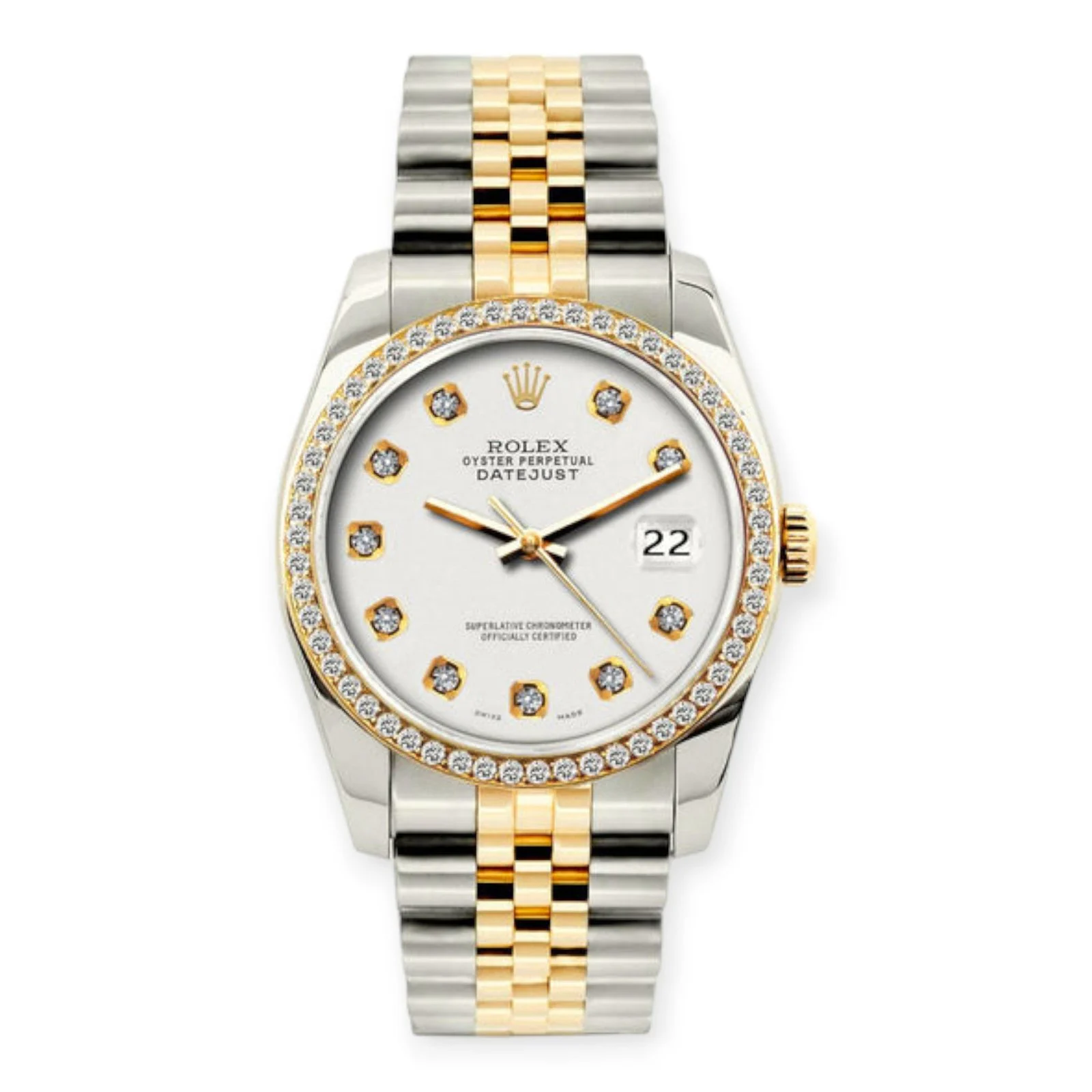 Rolex Datejust Diamond Watch, 36mm, Yellow Gold and Stainless Steel Bracelet White Dial w/ Diamond Bezel
