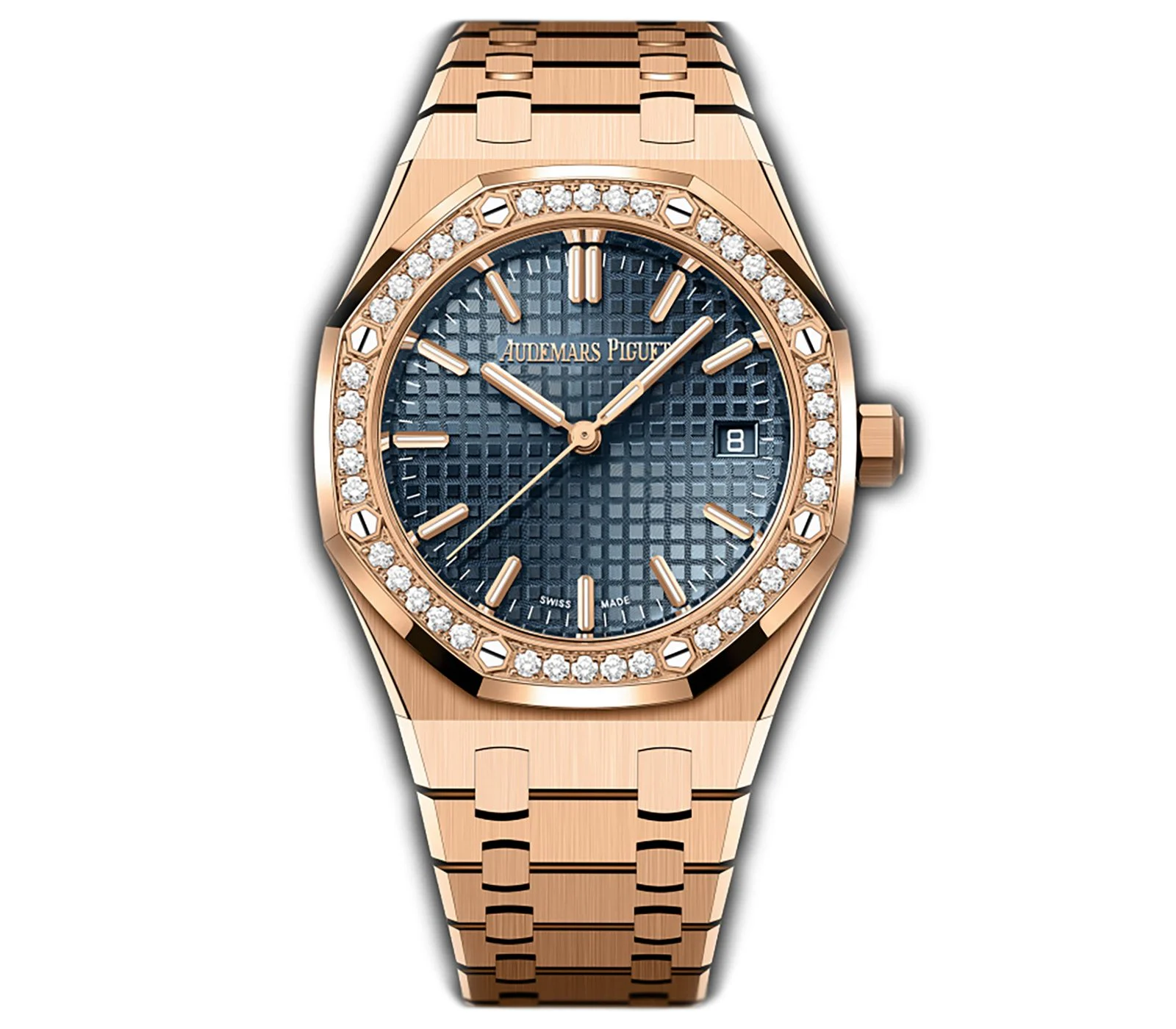 34mm 18k Rose Gold Diamond Bezel Blue Dial Automatic