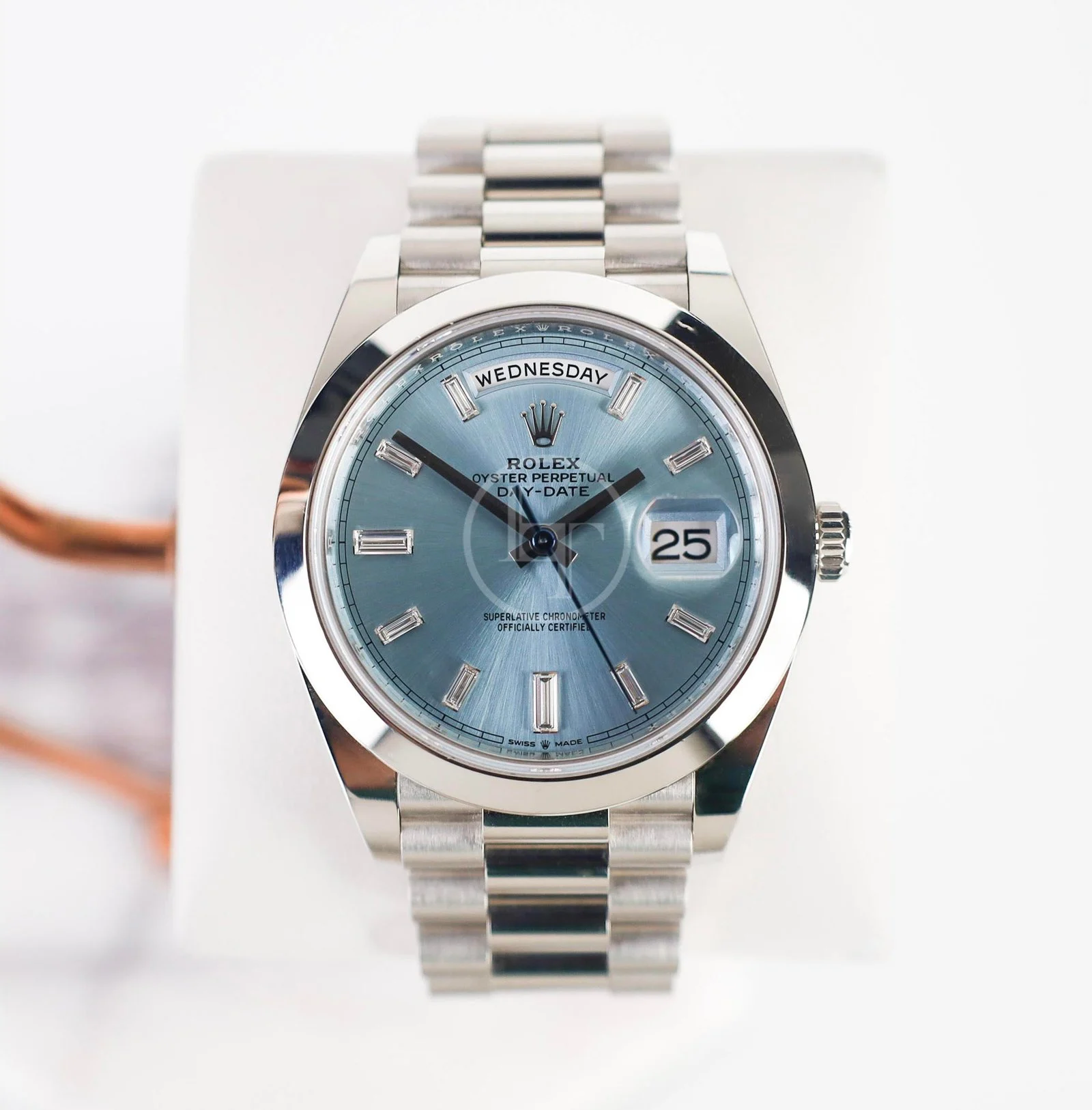 Rolex Day-Date 40 Platinum Ice Blue Diamond Dial & Smooth Bezel President Bracelet 228206 –