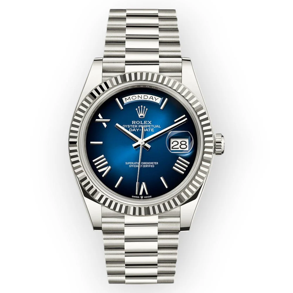 Rolex White Gold Day-Date 40 Watch Blue Ombré Roman Dial – President Bracelet