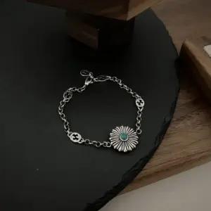 Gucci new 925 pure silver double G floral green gemstone handband, adjustable 20cm