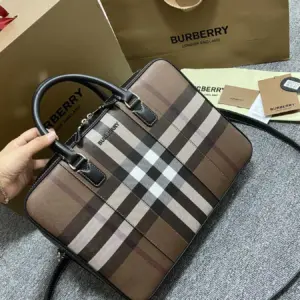 Leather briefcase with checked pattern