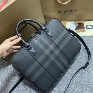 Leather briefcase with checked pattern