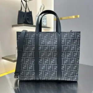 Fendi men’s monogram hand bag with neutral grey and FF pattern