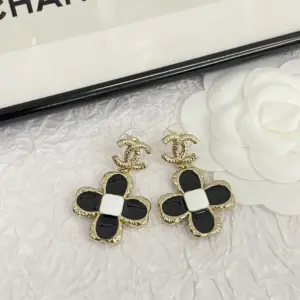 CHANEL 23K Black White Enamel Clover Earrings