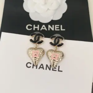 Chanel black CC pink heart earring