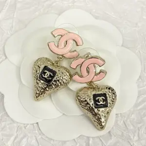 CHANEL 23K Pink Enamel Double C Heart Earrings